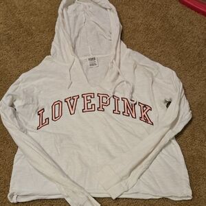 Victoria's Secret PINK White Hoodie Long Sleeve Tee with Red Lettering